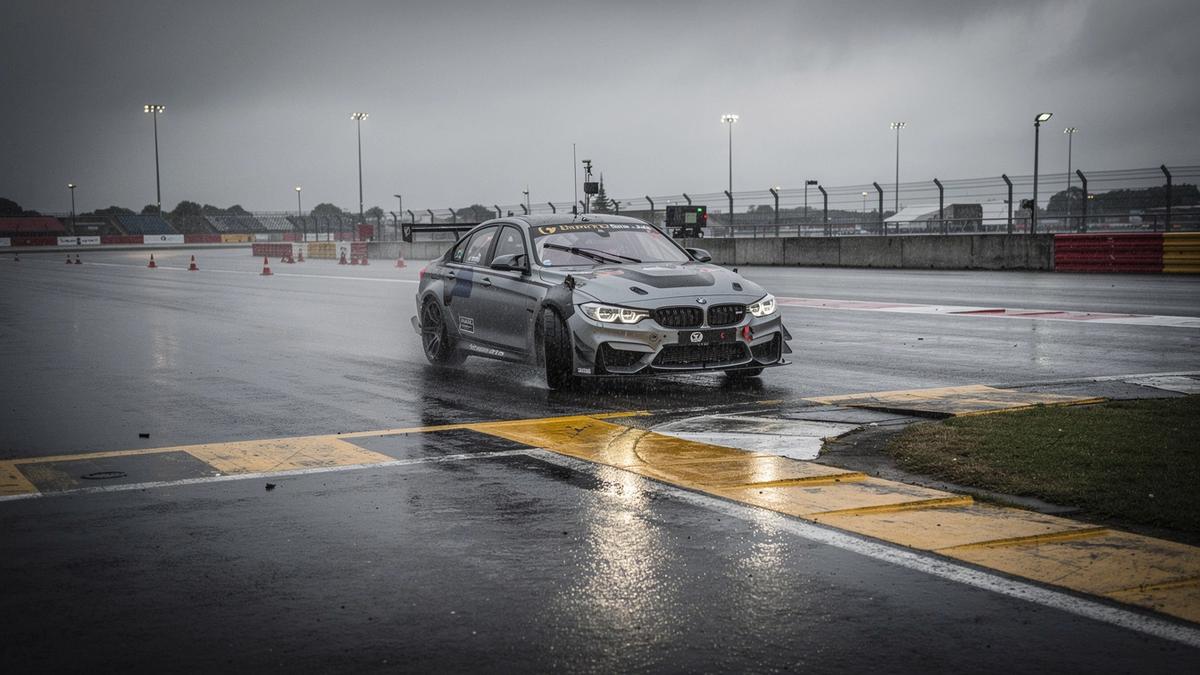 Apex Line student braking into a wet corner on a closed training course